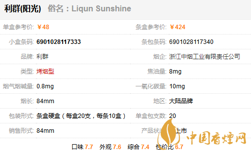 利群陽光多少錢一包 利群陽光香煙價格表圖一覽